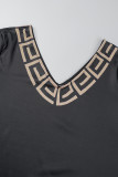 Black Apricot Casual Print Patchwork V Neck Long Sleeve Two Pieces