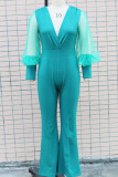 Green Casual Solid Patchwork See-through V Neck Regular Jumpsuits