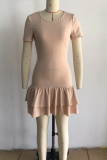 Pink Sexy Casual Solid Flounce O Neck Cake Skirt Dresses