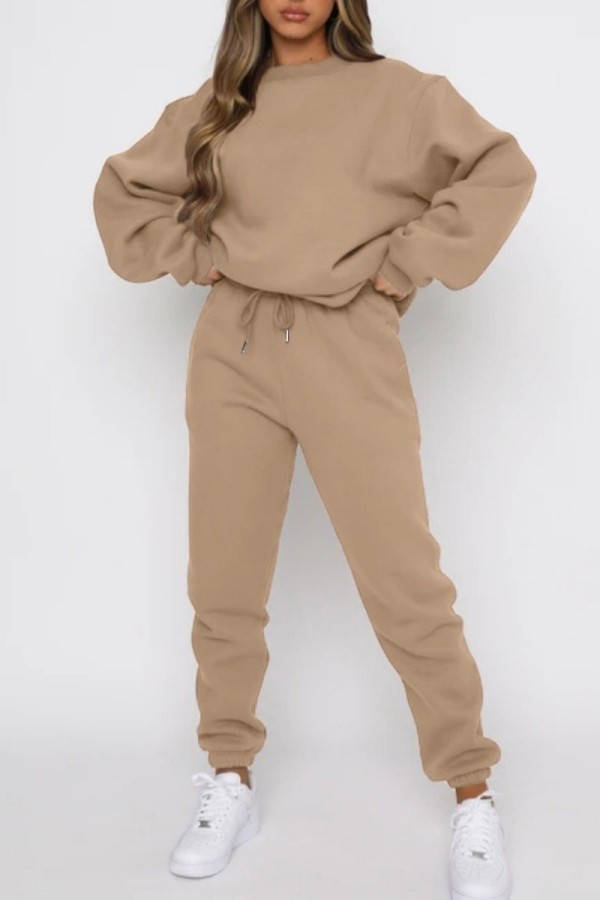 Khaki Casual Solid Basic O Neck Long Sleeve Two Pieces