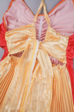 Pink Elegant Gradual Change Patchwork Spaghetti Strap Printed Dress Dresses