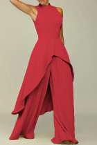 Red Elegant Solid Patchwork Pleated Halter Long Sleeve Two Pieces