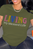 Pink Casual Daily Print Patchwork Letter O Neck T-Shirts