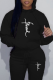 Black Street Daily Print Draw String Hooded Collar Tops