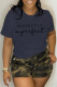 Navy Blue Casual Street Print Patchwork Letter O Neck T-Shirts