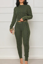 Green Casual Solid Patchwork O Neck Long Sleeve Two Pieces(Not Nnitted Fabric, Printed Texture)