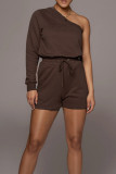 Khaki Casual Solid Patchwork Frenulum One Shoulder Long Sleeve Two Pieces