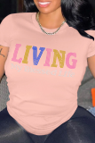 Pink Casual Daily Print Patchwork Letter O Neck T-Shirts