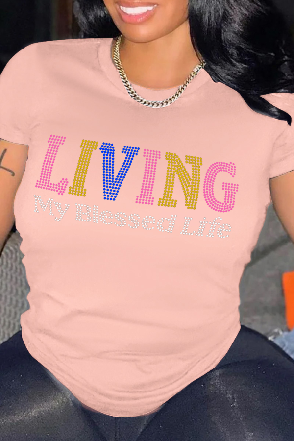 Pink Casual Daily Print Patchwork Letter O Neck T-Shirts