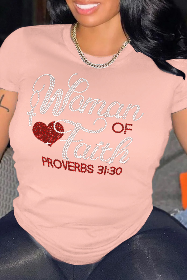 Pink Casual Street Print Patchwork Letter O Neck T-Shirts
