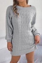Grey Casual Solid Basic O Neck Long Sleeve Dresses (Without Belt)