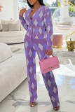 Purple Casual Patchwork Cardigan Pants V Neck Long Sleeve Two Pieces