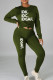Army Green Casual Print Patchwork O Neck Long Sleeve Two Pieces