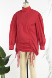 Red Street Solid Patchwork Draw String Half A Turtleneck Long Sleeve Dresses