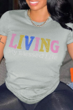 Pink Casual Daily Print Patchwork Letter O Neck T-Shirts