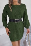 Army Green Casual Solid Basic O Neck Long Sleeve Dresses (Without Belt)