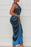 Blue Elegant Print Patchwork O Neck Printed Dress Dresses