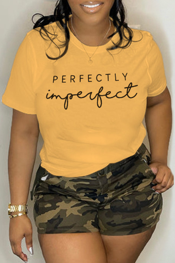 Yellow Casual Street Print Patchwork Letter O Neck T-Shirts