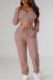 Khaki Casual Solid Patchwork Draw String Pocket Zipper Hooded Collar Long Sleeve Two Pieces
