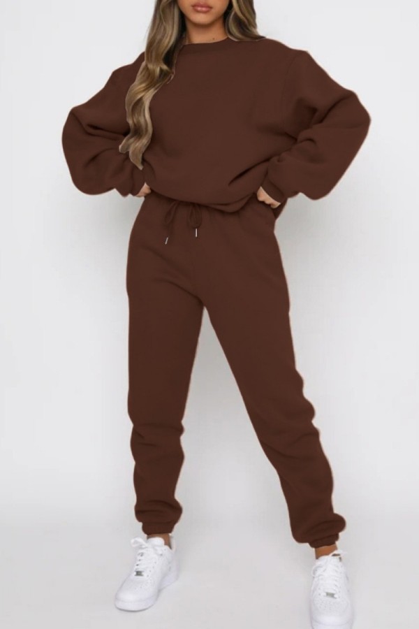 Coffee Casual Solid Basic O Neck Long Sleeve Two Pieces