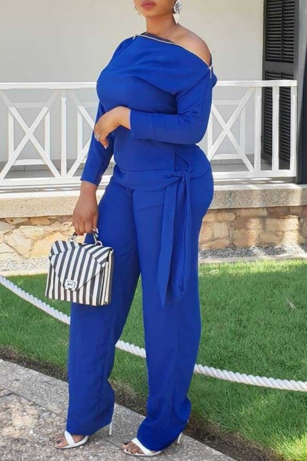 Blue Casual Solid Patchwork Zipper Oblique Collar Long Sleeve Two Pieces