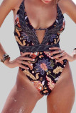 Multicolor Print Patchwork Backless Swimwears