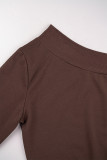Coffee Casual Solid Patchwork Frenulum One Shoulder Long Sleeve Two Pieces