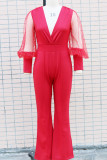 Rose Red Casual Solid Patchwork See-through V Neck Regular Jumpsuits