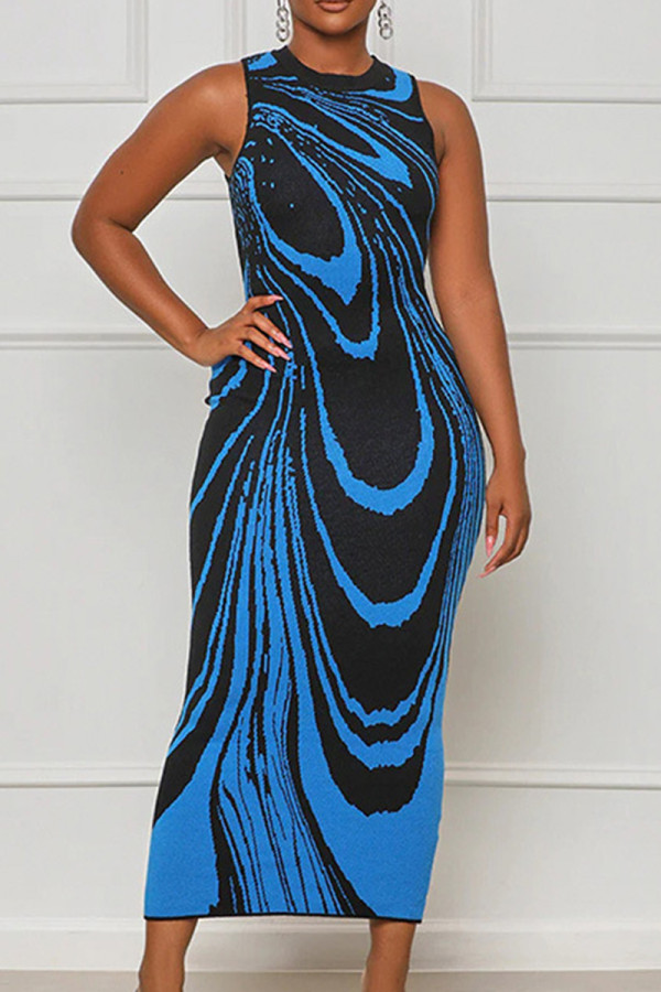 Blue Elegant Print Patchwork O Neck Printed Dress Dresses