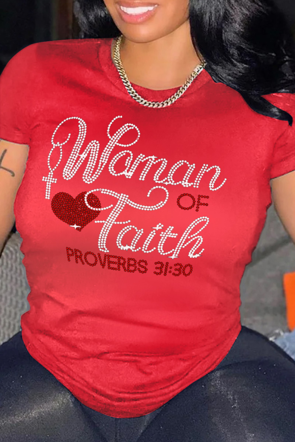 Red Casual Street Print Patchwork Letter O Neck T-Shirts