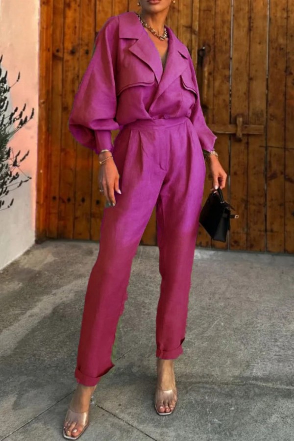 Pink Casual Solid Patchwork Turndown Collar Long Sleeve Two Pieces