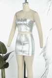 Silver Sexy Solid Patchwork Backless Strapless Sleeveless Two Pieces