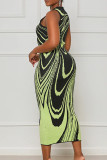Blue Elegant Print Patchwork O Neck Printed Dress Dresses