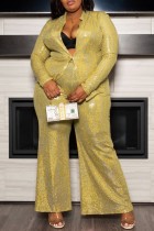 Yellow Casual Solid Patchwork Plus Size Two Pieces