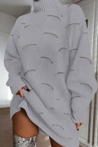 Grey Casual Solid Hollowed Out Turtleneck Long Sleeve Dresses