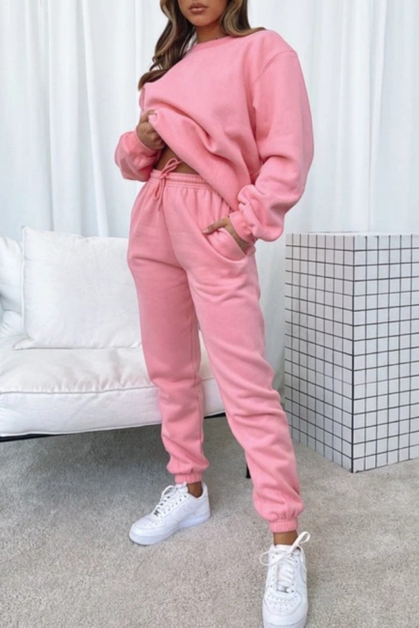 Pink Casual Solid Basic O Neck Long Sleeve Two Pieces