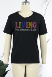 Pink Casual Daily Print Patchwork Letter O Neck T-Shirts