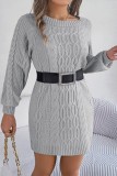 Khaki Casual Solid Basic O Neck Long Sleeve Dresses (Without Belt)
