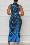 Blue Elegant Print Patchwork O Neck Printed Dress Dresses