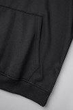 Black Casual Street Print Draw String Hooded Collar Tops