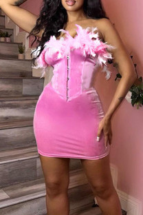 Pink Sexy Solid Patchwork Feathers Strapless Strapless Dress Dresses