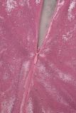 Pink Sexy Patchwork Hot Drilling See-through Half A Turtleneck Wrapped Skirt Dresses