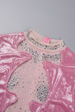 Pink Sexy Patchwork Hot Drilling See-through Half A Turtleneck Wrapped Skirt Dresses