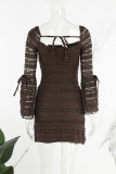 Dark Brown Casual Solid Patchwork Square Collar Long Sleeve Dresses