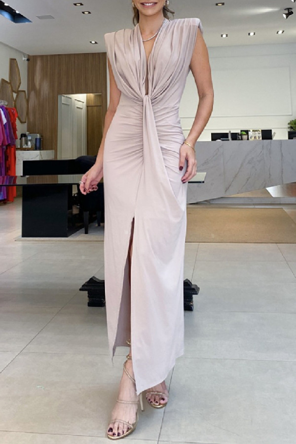 White Casual Solid Slit V Neck Long Dress Dresses