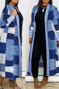 The cowboy blue Casual Print Patchwork Cardigan Collar Plus Size Overcoat