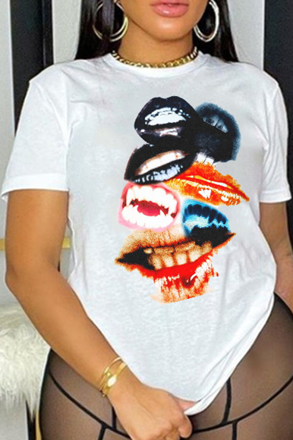 White Sexy Street Lips Printed Patchwork O Neck T-Shirts