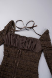 Dark Brown Casual Solid Patchwork Square Collar Long Sleeve Dresses