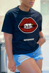 Black Street Daily Lips Printed Letter O Neck T-Shirts