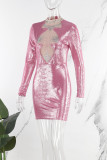 Pink Sexy Patchwork Hot Drilling See-through Half A Turtleneck Wrapped Skirt Dresses